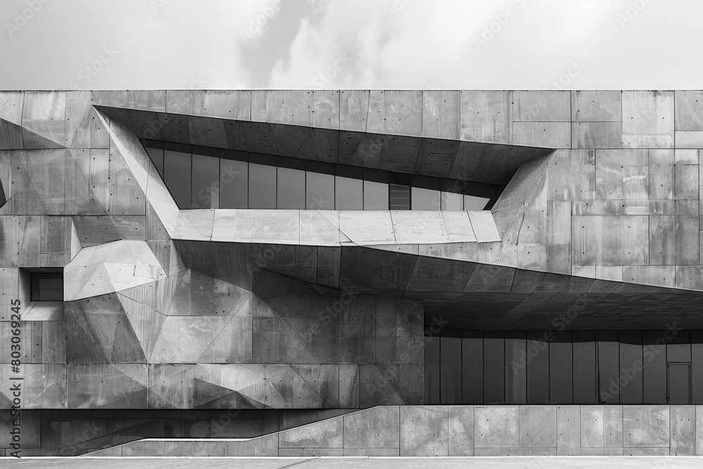 Poster a modern museum with a faã§ade composed of tessellating hexagonal panels, demonstrating geometric ef