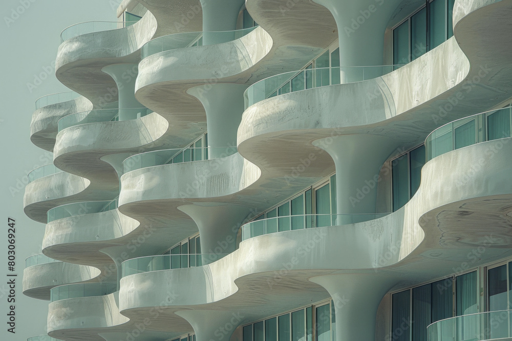 Poster a residential building where each balcony is shaped and positioned according to the golden spiral, o