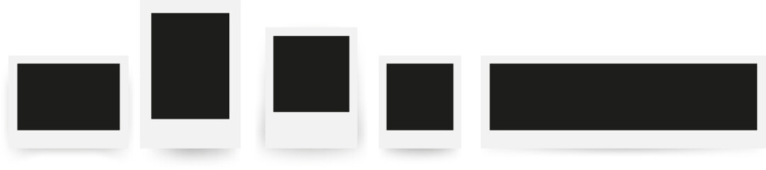 Empty black photo frame mockup set with shadows. Blank Polaroid frame on transparent background. Realistic old photo frame. Vector illustration