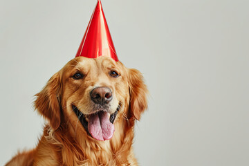 dog celebrating with red pary hat and blow-out
 - obrazy, fototapety, plakaty