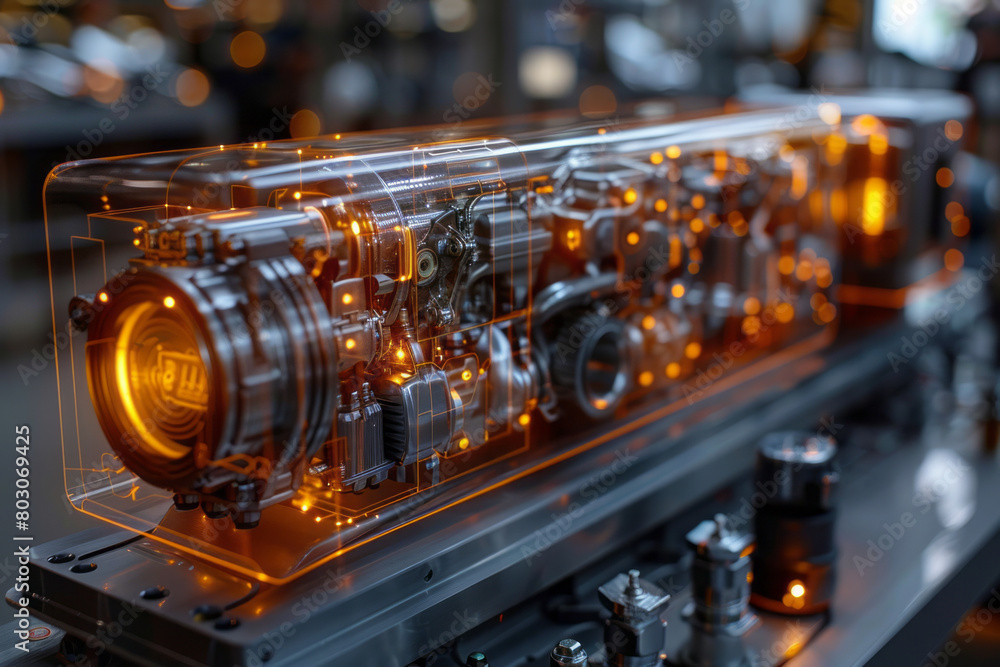 Aufkleber A scene showing the interior of a car engine, with highlighted areas where mathematical models optimize fuel efficiency and emissions,