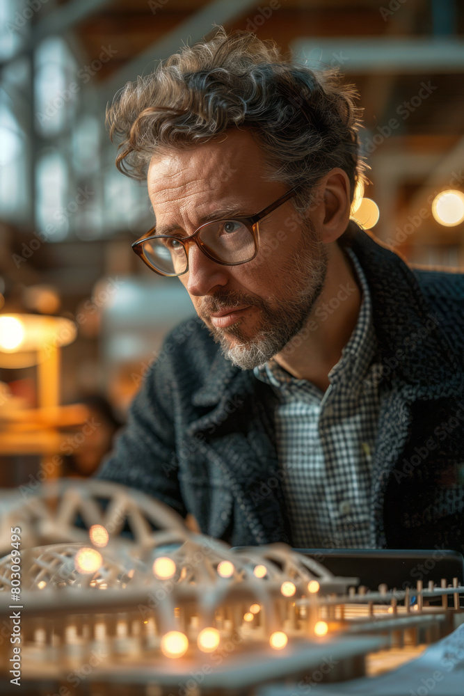 Aufkleber an engineer using a digital tablet to simulate the stress and strain on a bridge model, illustrating
