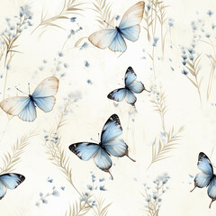 Watercolor butterfly, flower and leaves seamless pattern. Beautiful delicate background with nature elements for textile, print, fabric