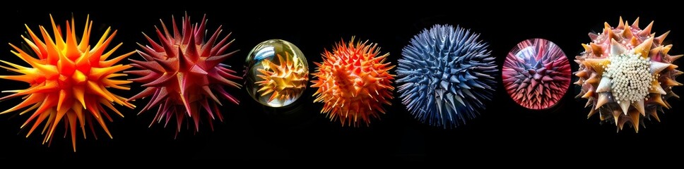 Collection of Exquisite Sea Urchins in Vibrant Colors Isolated on Black Background, Illustrating the Diversity and Beauty of Marine Life in Detailed Close-up.