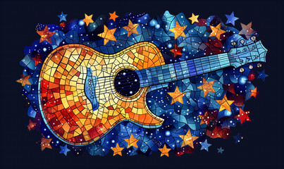 abstract illustration of guitar surrounded by stars in mosaic style, logo for t-shirt print