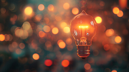 A glowing light bulb surrounded by other lights symbolizing the concept of innovation and creativity. The background is blurred to emphasize the litbulb, which adds an element of mystery or magic.