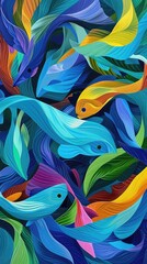 This is an abstract painting of a school of fish