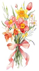 A beautiful bouquet of daffodils and tulips tied with a pink ribbon.