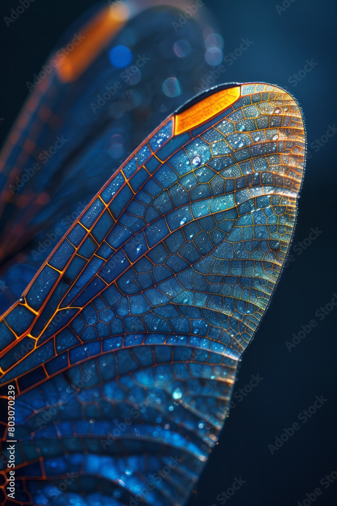 Poster a macro shot of a dragonfly's wing, illustrating the geometric vein patterns that optimize flight.