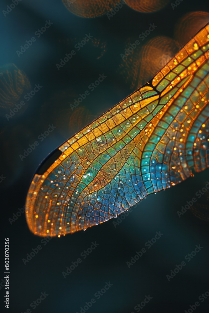 Poster a macro shot of a dragonfly's wing, illustrating the geometric vein patterns that optimize flight.