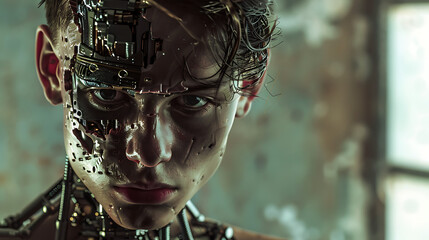 AI Assimilation: Human to Robot Transition with Joyful AI Concept - Conceptual Image Showing Young Human Transforming into Happy Robotic Form, Initiated by AI, Beginning from the Head