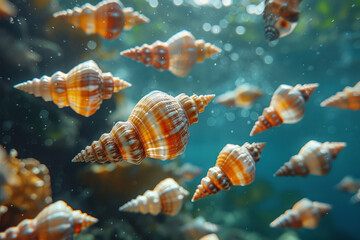 An underwater scene focusing on the spiral shells of various marine gastropods, emphasizing their mathematical growth patterns,