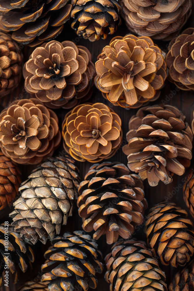 Poster a series of pinecones arranged in a pattern, each showing the fibonacci spirals in their scales,