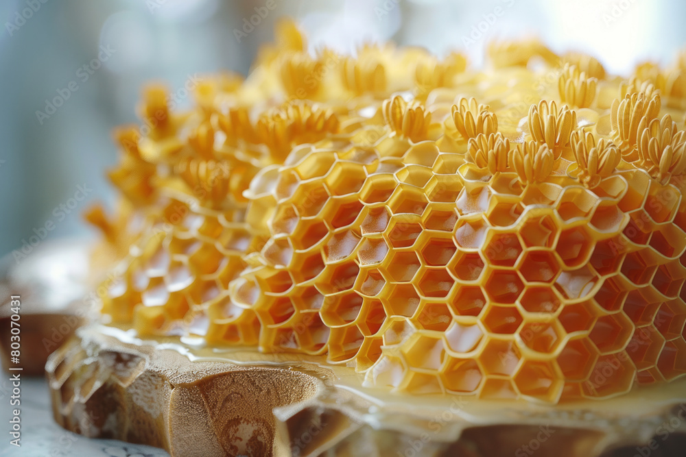 Poster an artistic interpretation of honeycomb in a beehive, highlighting the efficient hexagonal packing a