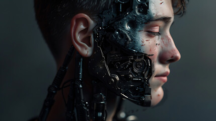 AI Assimilation: Human to Robot Transition with Joyful AI Concept - Conceptual Image Showing Young Human Transforming into Happy Robotic Form, Initiated by AI, Beginning from the Head