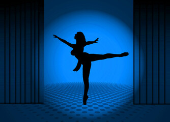Bailarina, escenario, foco, azul, ilustración