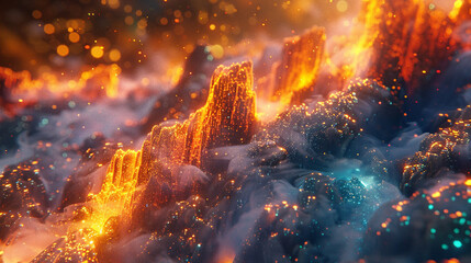 Molten lava flows merging with glittering emeralds in a kaleidoscope of colors