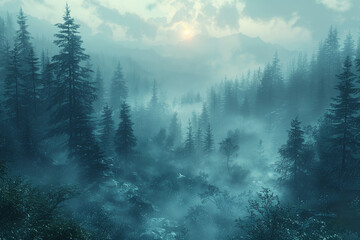 A mist-covered forest at dawn, inspiring feelings of mystery and anticipation in the mind.