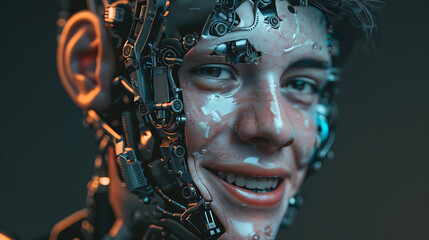 AI Assimilation: Human to Robot Transition with Joyful AI Concept - Conceptual Image Showing Young Human Transforming into Happy Robotic Form, Initiated by AI, Beginning from the Head