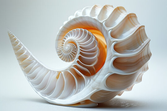 A detailed illustration of a nautilus shell cut in half, showcasing its logarithmic spiral and chambered sections,