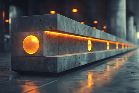 An abstract sculpture of the division sign, with the two dots as glowing orbs floating above and below a sleek, horizontal beam,