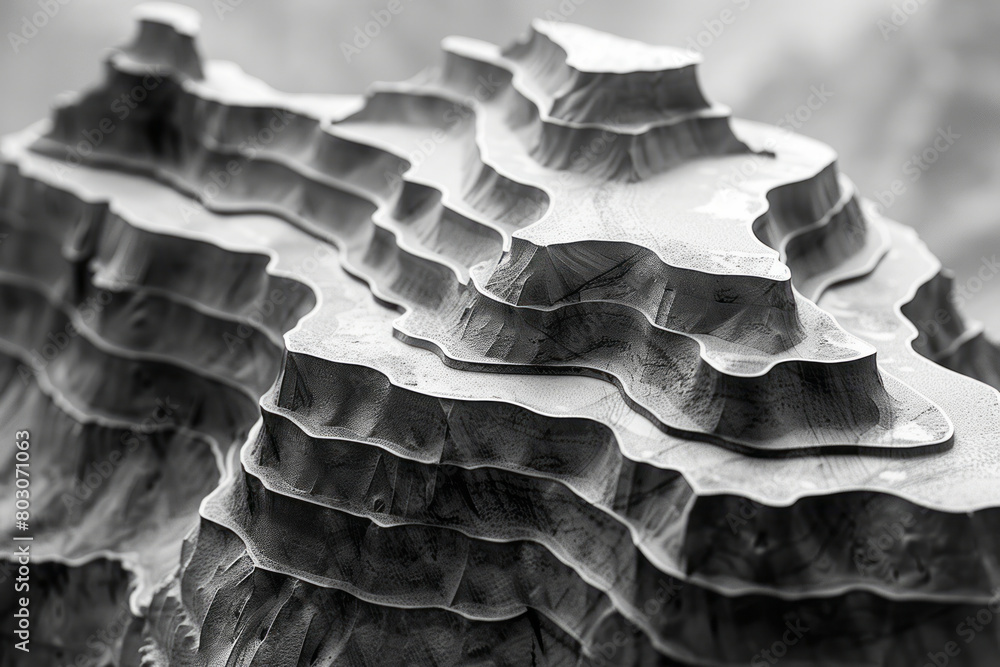 Poster a contour map showing elevation levels on a mountain, with lines that curve and intersect,