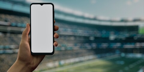 Hand with smartphone at football stadium, perfect for betting, live-stream apps