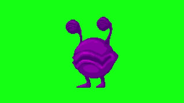 Animated pixel art purple alien monster stands and blinks his eyes. Looping animation on green screen.