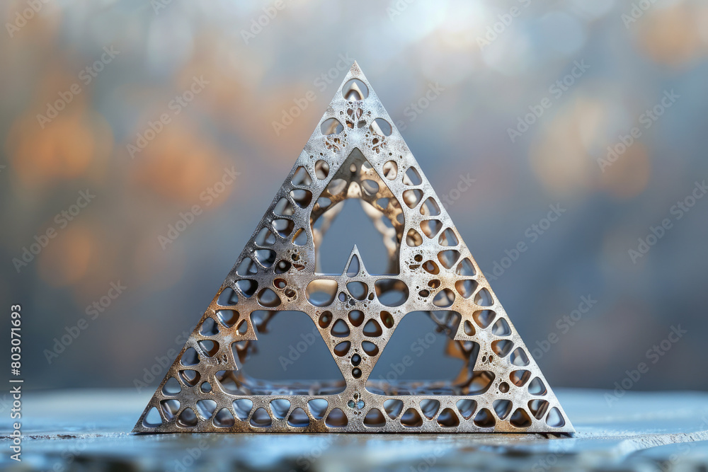 Poster an illustration of a sierpinski triangle, composed of recursively nested triangles against a soft, m