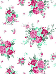 Wide vintage seamless background pattern. Rose, poppy, wild flowers with nightingales and leaf. Abstract, hand drawn, vector - stock.