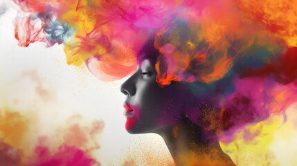 A creative professional's head blended with exploding colors and shapes, illustrating creative thinking and innovation in business solutions