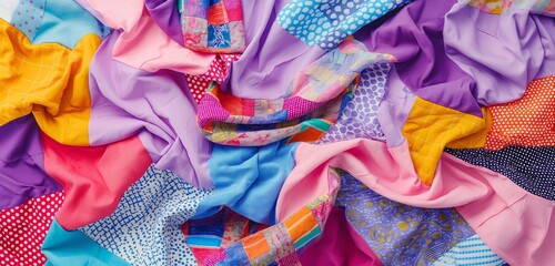 A vibrant, patchwork quilt of various fabric textures and patterns spread out, with the corners...