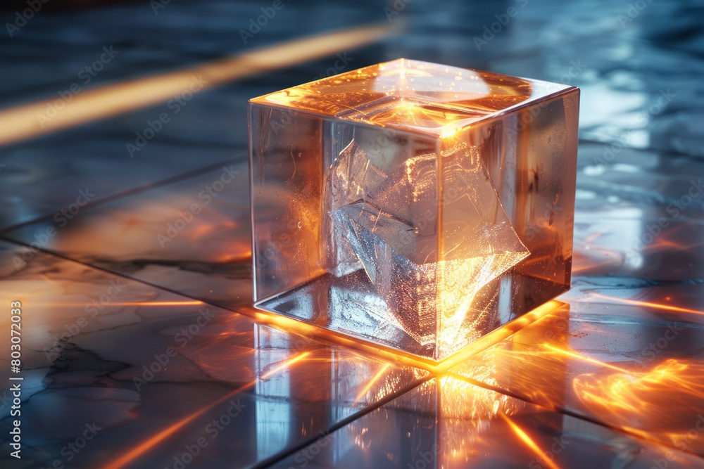Poster a hyper-realistic rendering of a glass cube refracting light, set against a dark background,