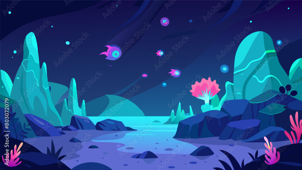 Poster a sparkling seascape with bioluminescent creatures and phosphorescent coral reefs creating a mesmeri