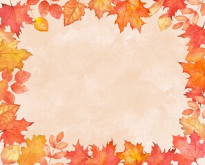 Fall frame with leaves on watercolor background. Autumn falling maple leaves with copy space.