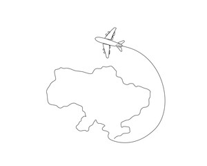 Continuous one line drawing of Ukraine map with airplane. Ukraine - European map combined with airplane simple outline vector illustration. Editable stroke.