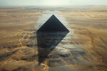 A surreal artwork of a flat plane with a single pyramid casting a long shadow under a low sun,