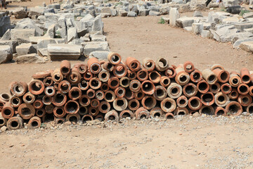 Old Roman plumbing clay pipes at Ephesus in Turkey.