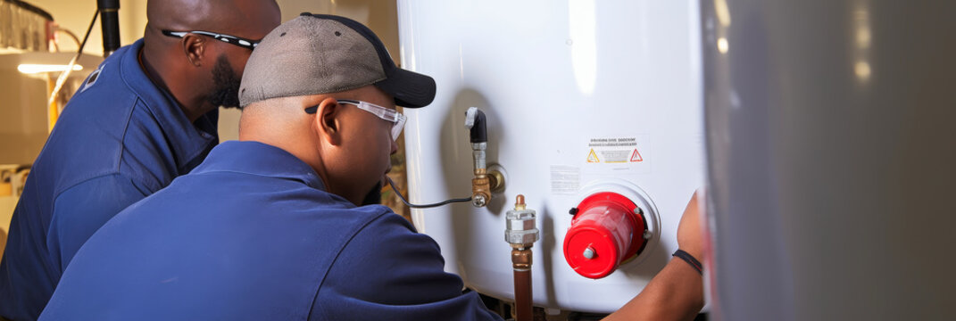 Professionals are busy fitting a modern water heater.