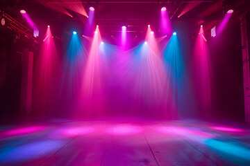 Dancing floor with colorful lights on dark background, empty stage for product presentation, concert or party. Abstract night club studio room.