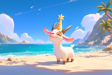 cartoon goat wearing a birthday hat on the beach
