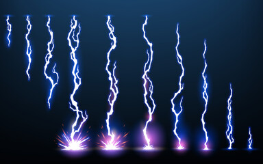 Lightning animation set with sparks. Electricity thunderbolt danger, light electric powerful thunder. Bright energy effect, vector illustration