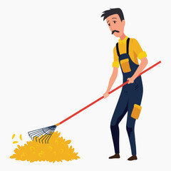 Professional gardener working on backyard collects fallen leaves with rake. Male handyman making autumn cleaning in garden. Colored flat cartoon vector illustration of worker