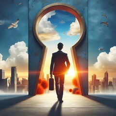 Businessman standing in front of an arch and looking at the sunset generated by ai
