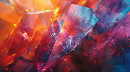 Fractured, crystalline structures reflecting shards of light in a kaleidoscope of colors