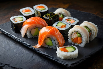 fresh sushi gourmet with black stone plate shiny, salad green leaf and wasabi, with dark ambient background