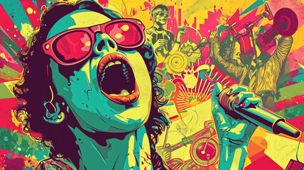A colorful, energetic illustration of a music band performing at a festival, featuring dynamic poses and vivid, explosive backgrounds.
