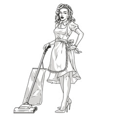 Girl housewife monochrome pin-up sticker