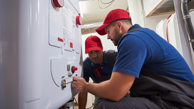 Skilled plumbers at work fitting a new water heater.
