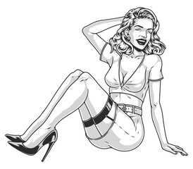 Cheerful girl monochrome pin-up element